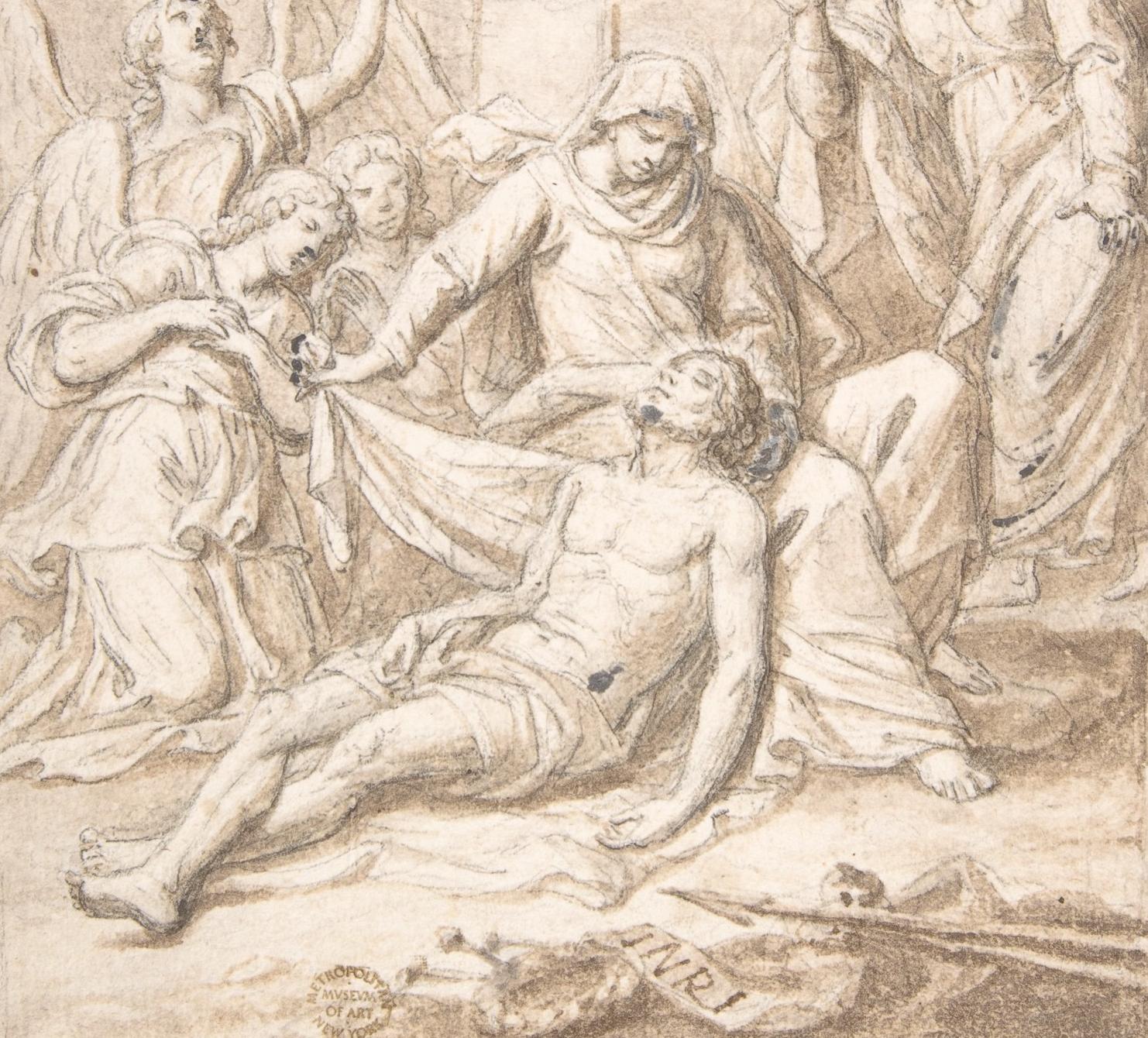 Anonymous, Pietà, 17th century. Brush and brown wash over black chalk, highlighted with white gouache, on light tan paper; framing outlines in black chalk. 8-9/16 x 6-3/8 in. (21.8 x 16.2 cm).