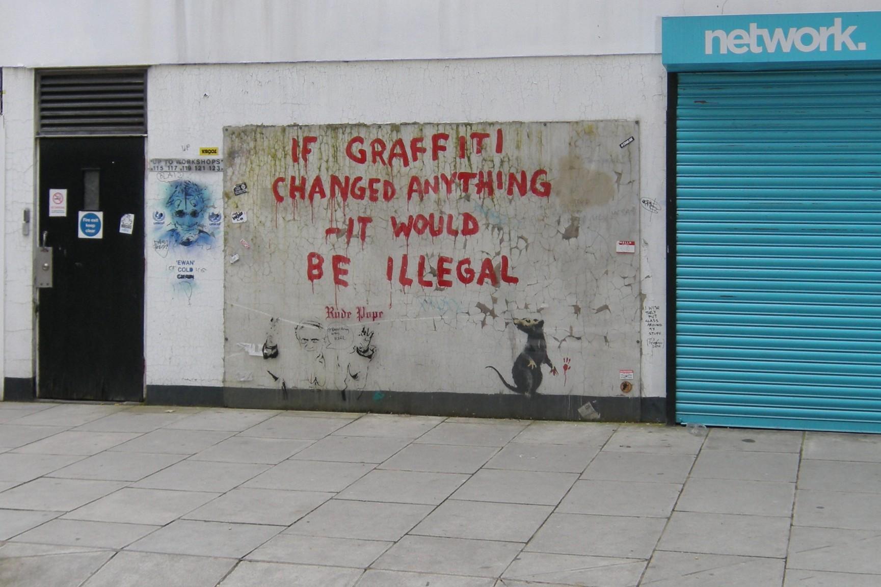 Banksy mural of a rat with text reading "if graffiti changed anything it would be illegal"