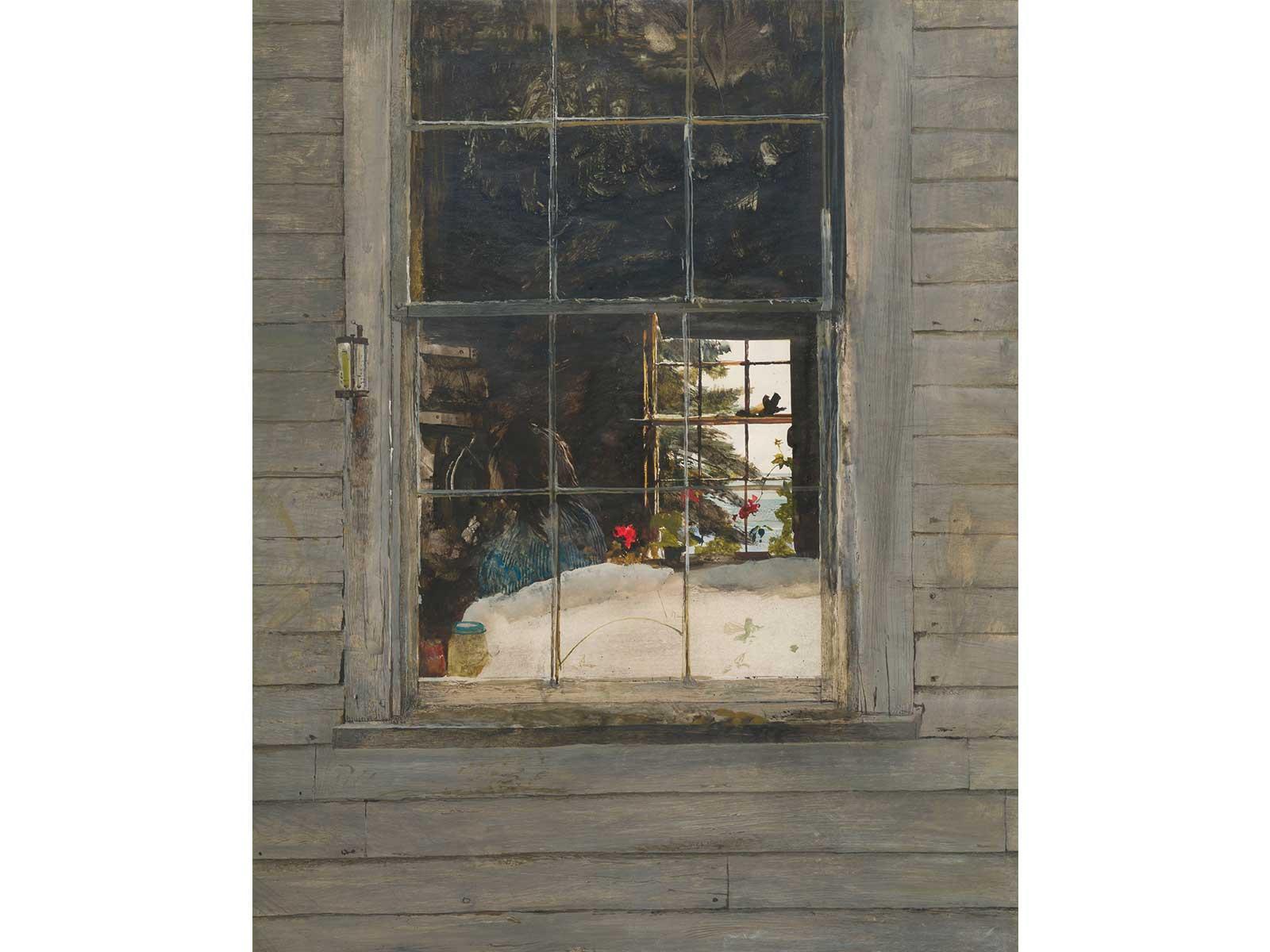 Geraniums, 1960 is a painting of a bedroom as seen through an exterior window. Geraniums appear in the background, seemingly on a bedside table. 