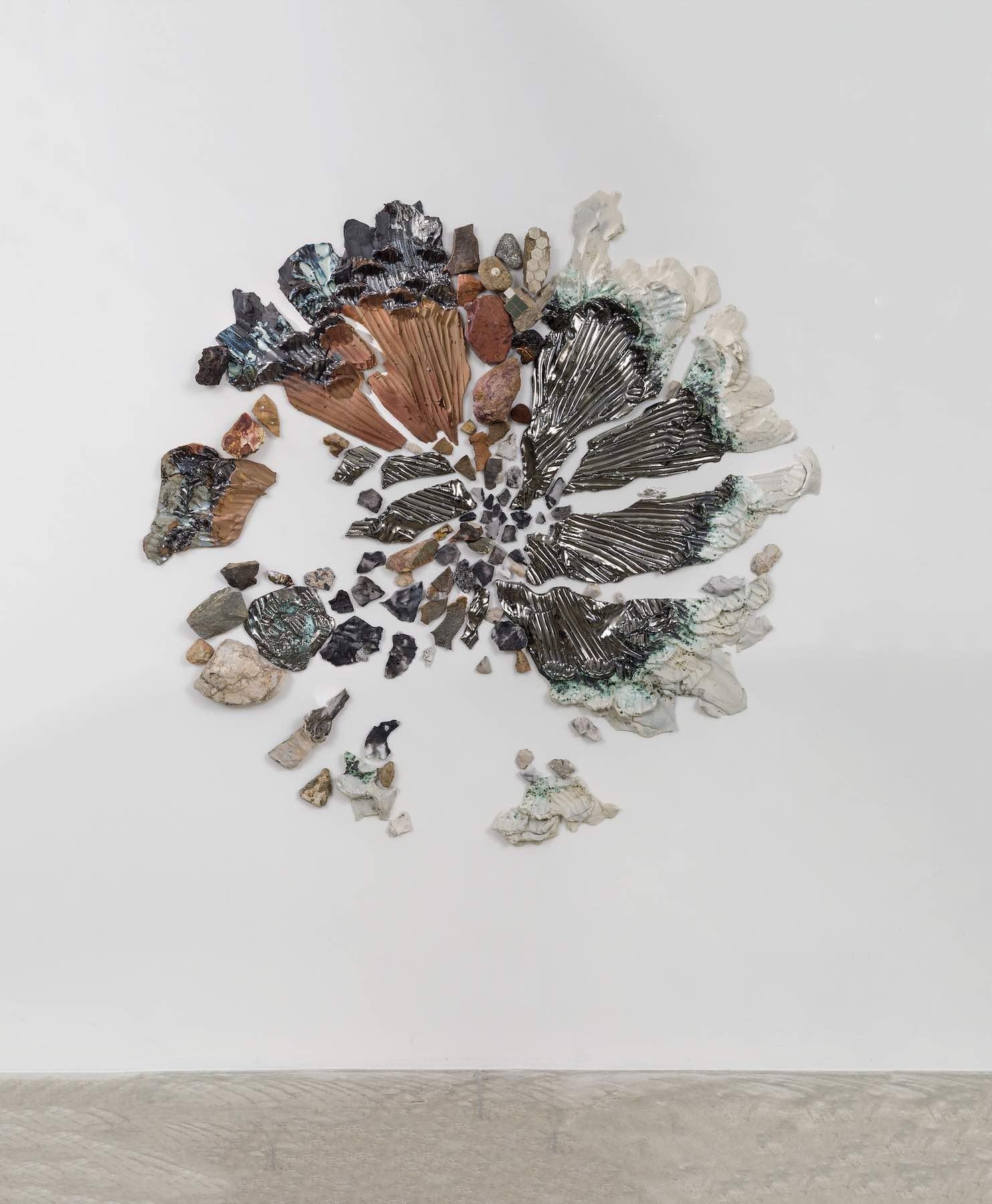 Brie Ruais [b. 1982] Falling Apart, Holding Together, 2021. Stoneware, glaze, found rocks, cement rubble. 60 x 60 x 3 inches, 152.5 x 152.5 x 7.5 cm. Courtesy the artist and albertz benda, New York. Photo- Stefan Hagen 2