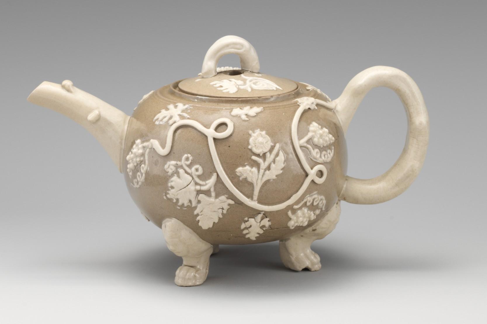 British, Staffordshire, Teapot, ca. 1740. Salt-glazed stoneware.
