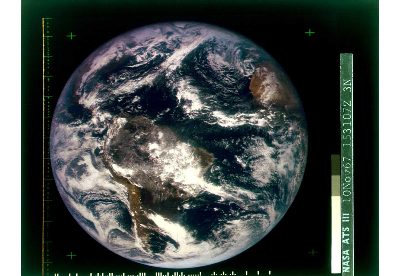 This early color image of the earth taken in 1967 was used as the cover image for the first edition of Whole Earth Catalog.