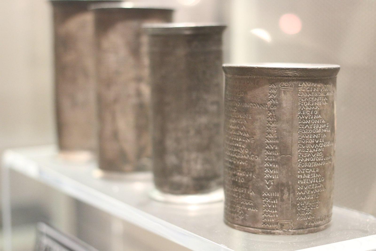 Four silver beakers found at Vicarello, Italy. Each cup has inscribed upon it a travel itinerary that one could follow in the Roman period with many stops including thermal spas and other important water features and sites.