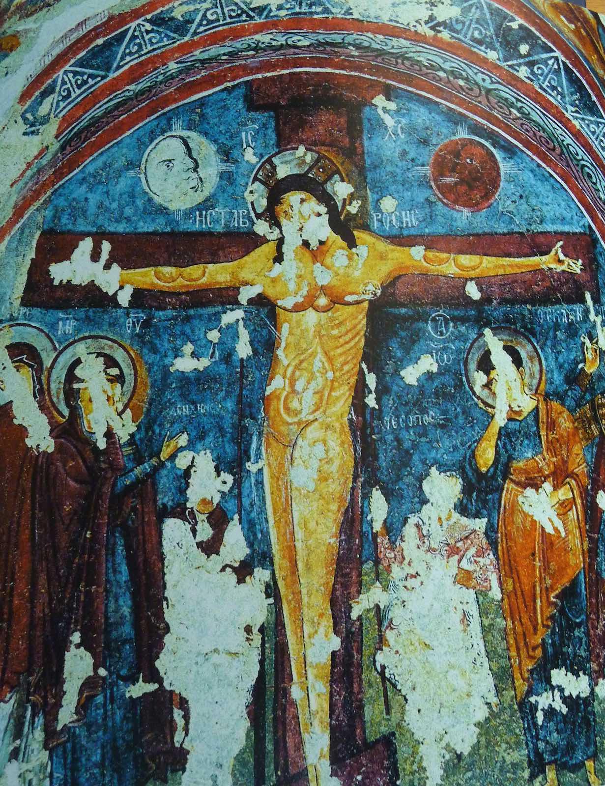 Fresco from the rock-hewn Sandals Church (or Carikli Kilise). Primarily blue and yellow Merrill of Jesus on the cross