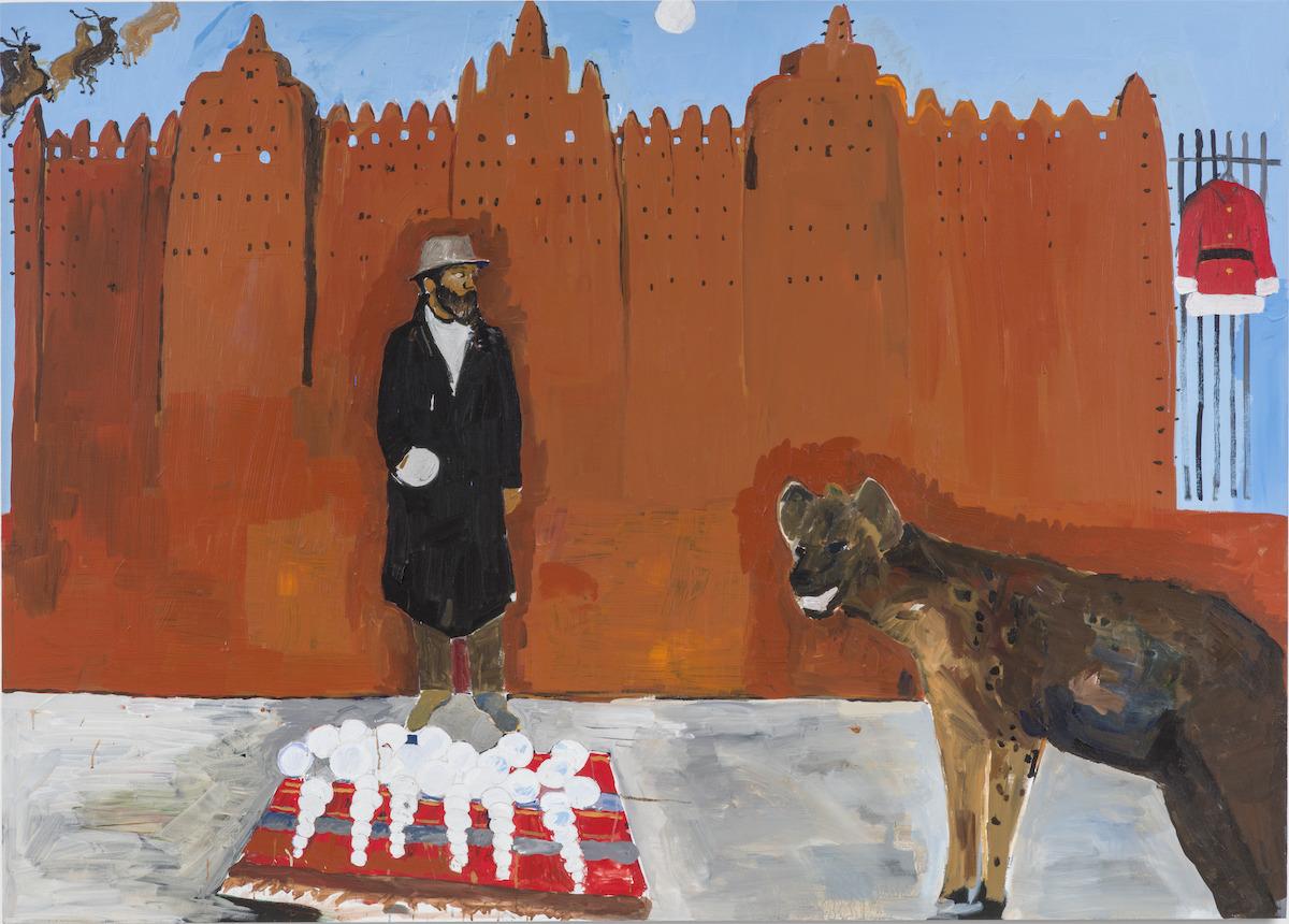 Henry Taylor, Hammons meets a hyena on holiday, 2016. Acrylic on canvas, 60 × 84 1/4 in. (152.4 × 214 cm). Nasher Museum of Art at Duke University; museum purchase with additional funds provided by the Blackburn Endowment and Nasher Annual Fund. © Henry Taylor. Courtesy the artist and Hauser &amp; Wirth. Photograph by Joshua White