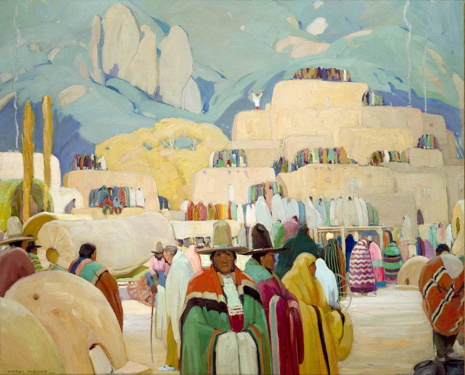 relatively abstract—and beautifully colored with pastels overall and rich jewel-esq skin tones and clothes—view of the indigenous peoples of the Pueblo region