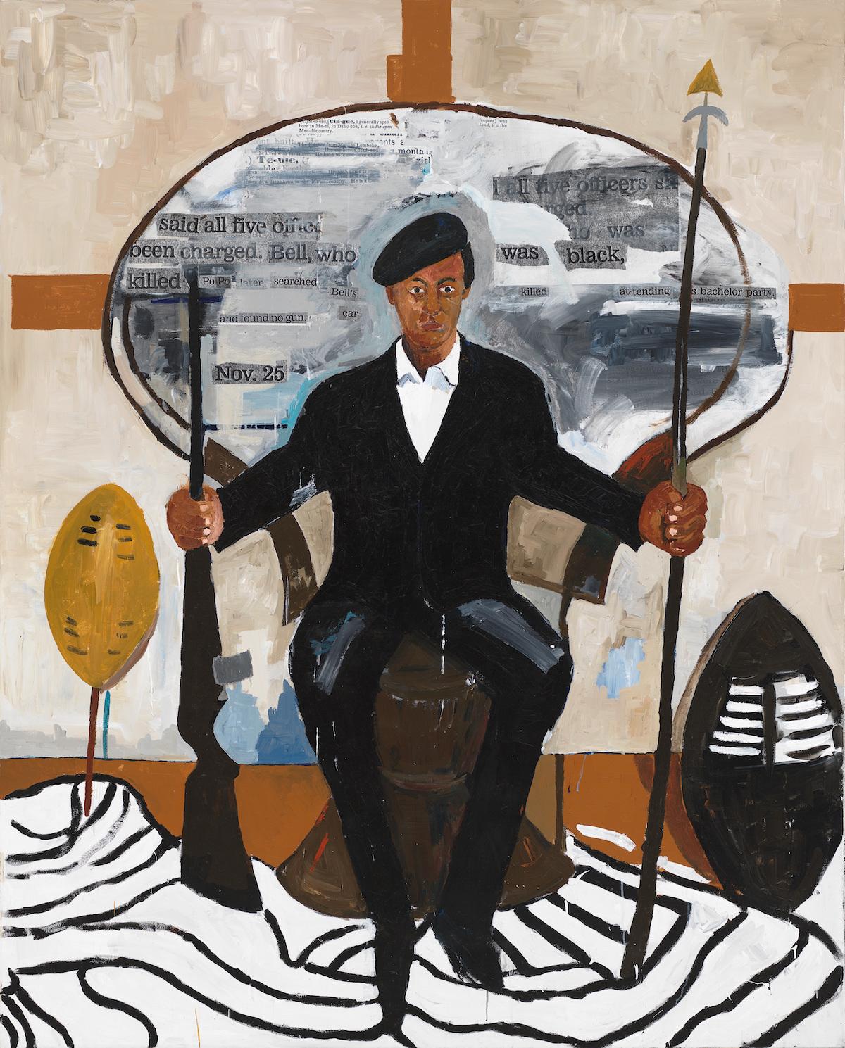 Henry Taylor, Huey Newton, 2007. Acrylic and collaged photocopies on canvas, 94 9/16 × 76 1/4 in. (240.2 × 193.7 cm). Whitney Museum of American Art, New York; gift of Martin and Rebecca Eisenberg in honor of Adam D. Weinberg 2016.86f. © Henry Taylor. Courtesy the artist and Hauser &amp; Wirth
