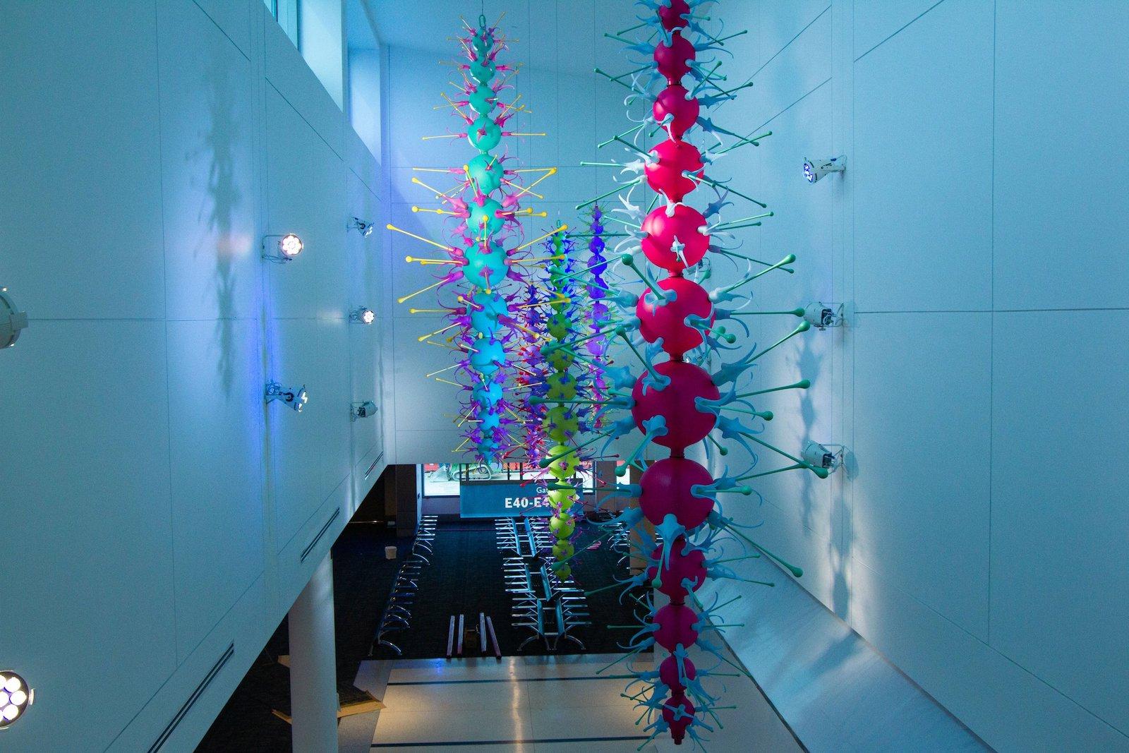 Davis's colored luminaries at work in an installation view of the West clerestory.