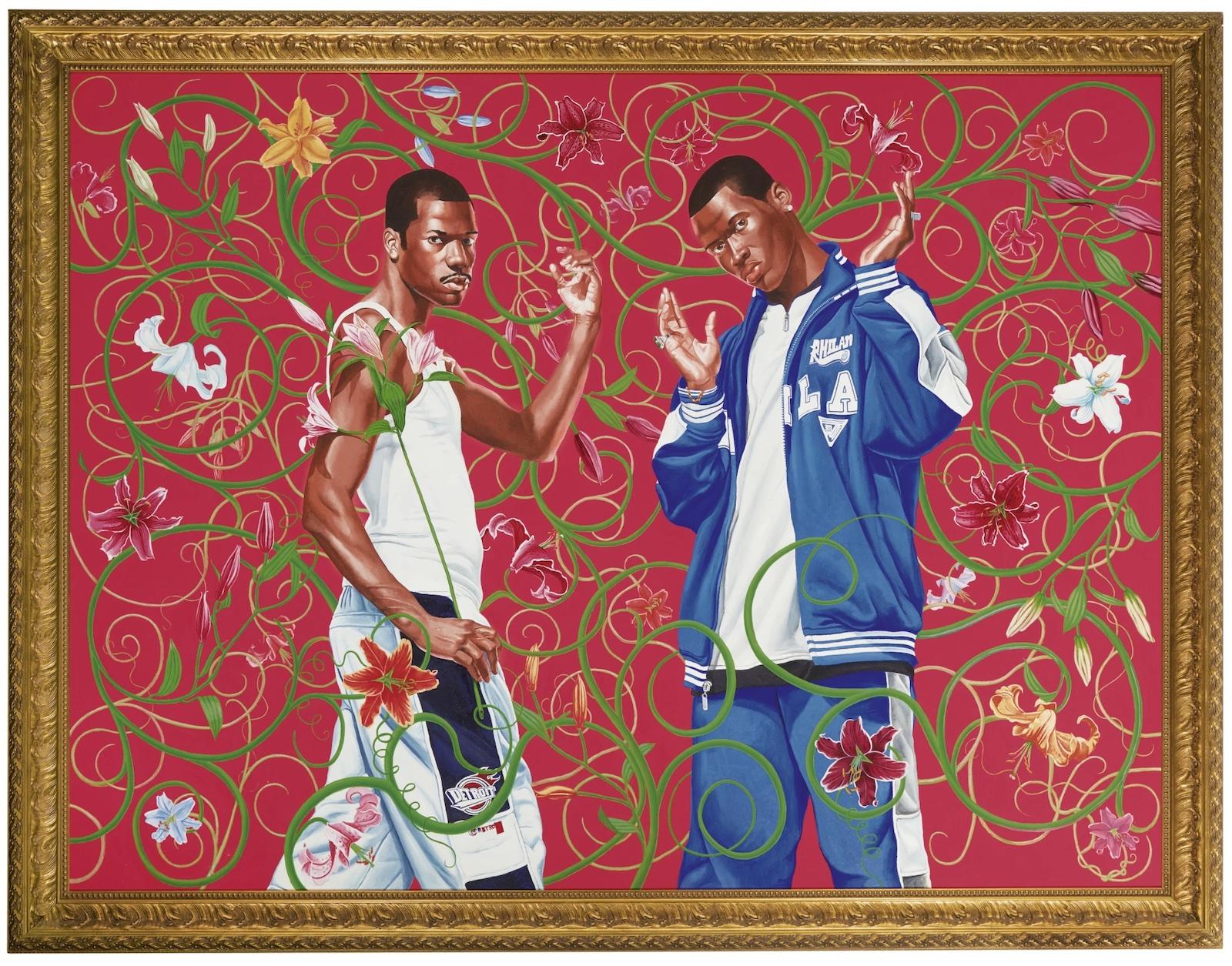 Kehinde Wiley Passing/Posing Annunciation signed, titled and dated 05 on the reverse acrylic on canvas, in artist's frame 81 1/4 by 106 1/8 in. 206.4 by 269.6 cm.