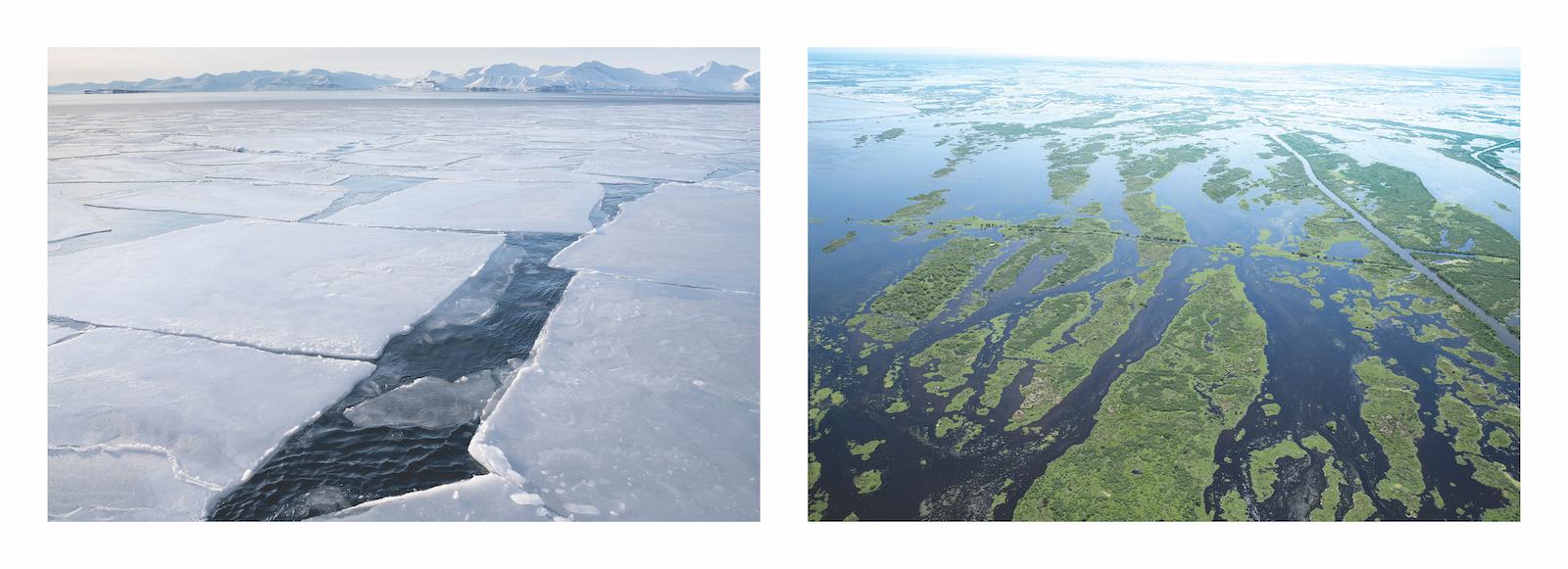 Left: Tina Freeman, Sea ice breaking up in late winter.  Right: Tina Freeman, Louisiana wetlands southeast of New Orleans on the east side of the river, south of the Caernarvon diversion.