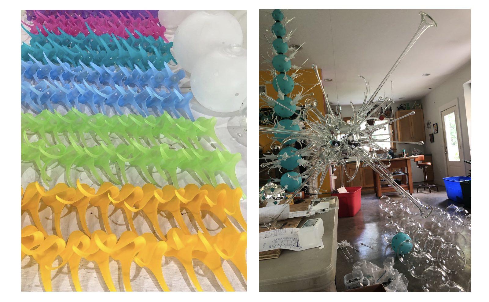 (Left) Hand-painted glass pieces in Davis' studio. (Right) Sculptures shown mid-assembly and taking over Davis' home. Courtesy of the artist.