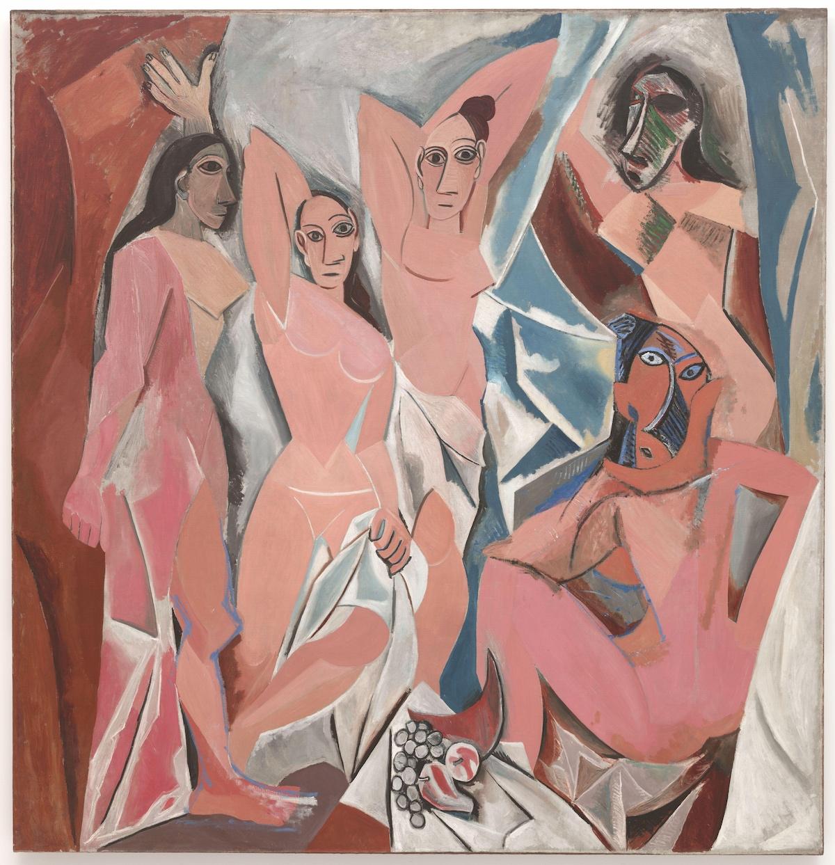 Pablo Picasso, Les Demoiselles d’Avignon, 1907. Oil on canvas, 96.1 x 92.1 in. (244 x 234 cm.), Museum of Modern Art, New York City, New York. Wikipedia. 