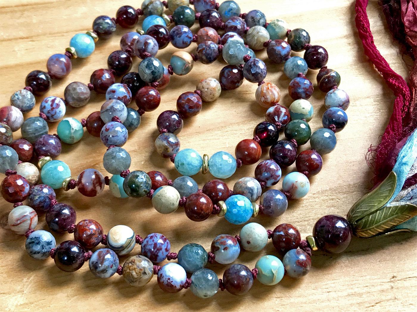 Root Chakra Mala Beads, Knotted Fire Agate, Labradorite, African Opal & Aquamarine, Silk Sari Tassel.