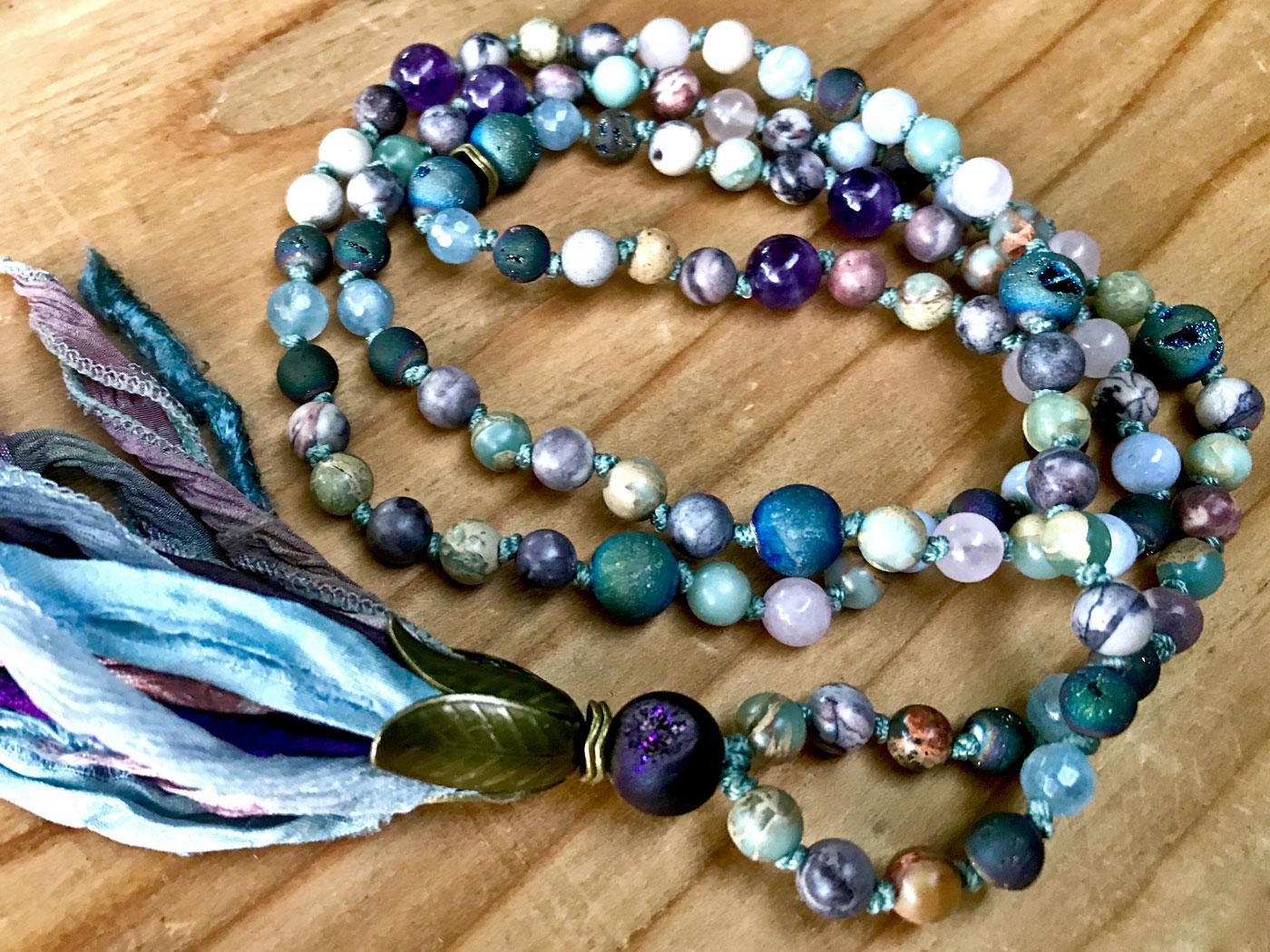 Mala to Quiet the Mind, Multi-Gemstone Silk Sari Tassel Necklace, 108 Beads, Hand Knotted.