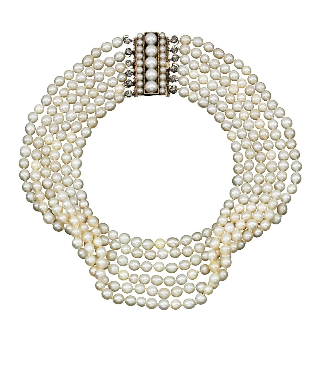 Natural pearl clasp and a cultured pearl and diamond necklace 