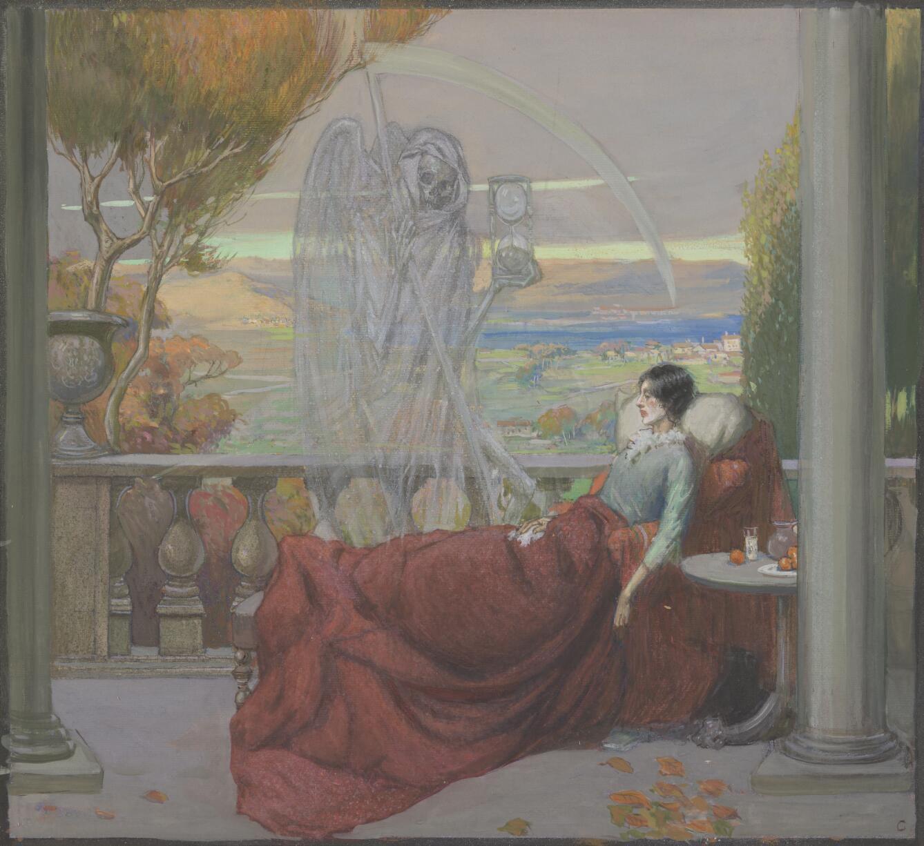 Watercolor by R. Cooper, c. 1912. Depicts a sickly young woman sitting covered up on a balcony; Death (a ghostly skeleton clutching a scythe and an hourglass) is standing next to her; representing tuberculosis.
