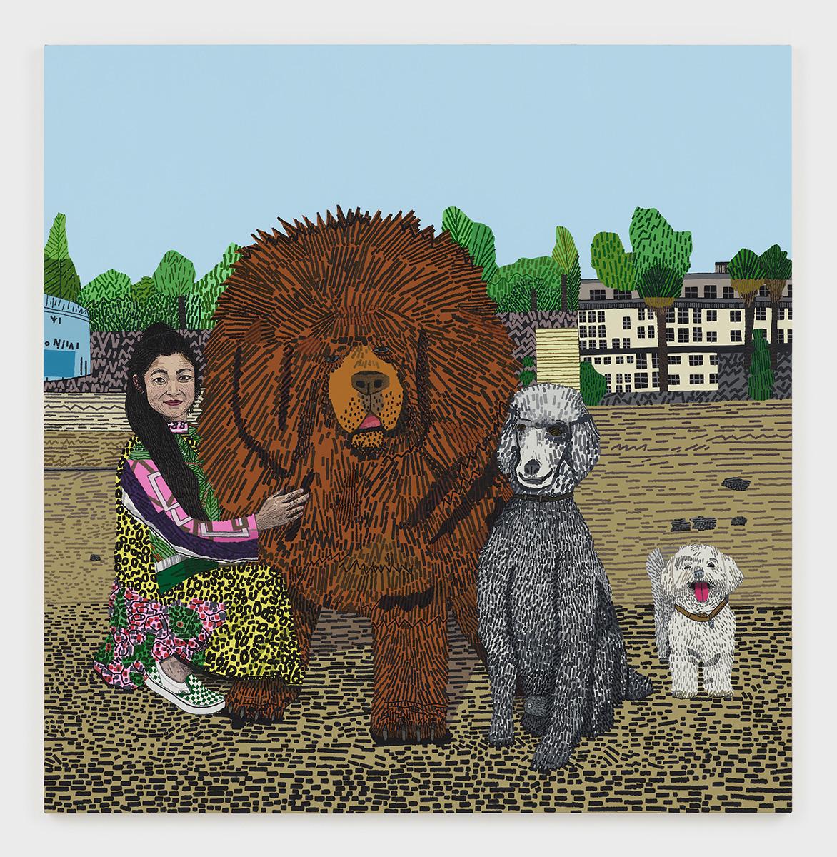 Jonas Wood Shio with Three Dogs, 2020 oil and acrylic on canvas 76 x 74 inches (193 x 188 cm) (Inv# JW 21.028) Photography: Marten Elder Courtesy of the artist and David Kordansky Gallery