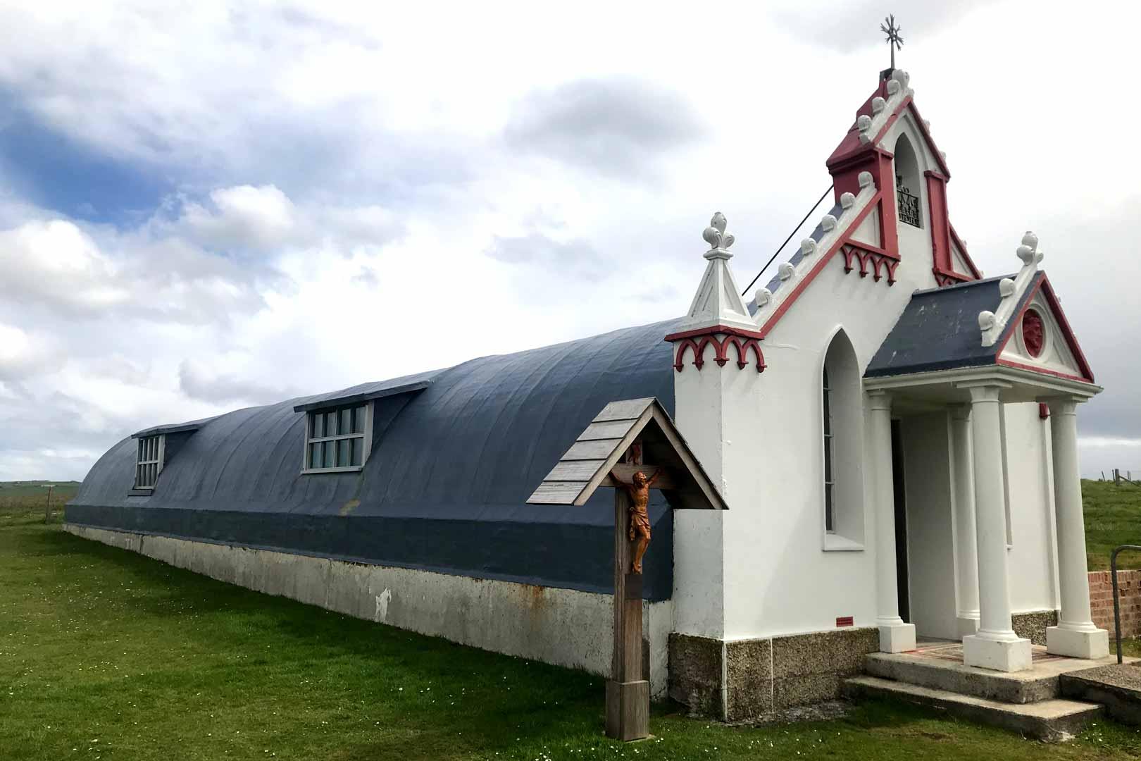 Side view of the Italian Chapel, constructed from two conjoined Nissen Huts.