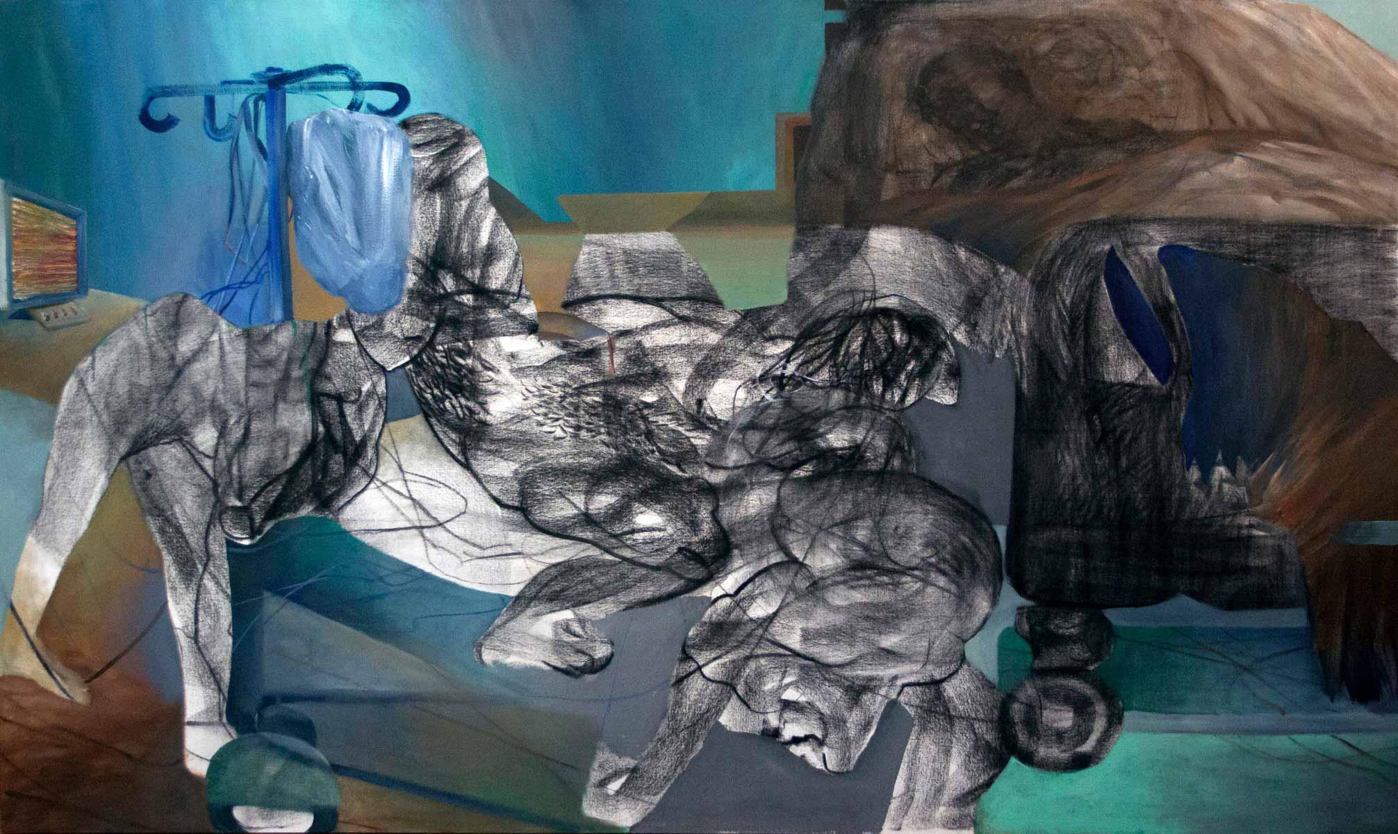 Adrián Adrián Bastarrachea, Sueño asintomático II, 2020. Oil and charcoal on canvas. 82.67 x 48.21 in (210 x 125 cm).