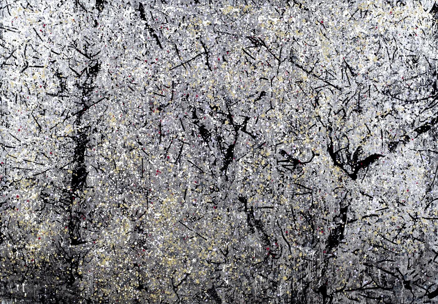 Leslie Parke, Tree in Twilight, Oil, enamel, metal paint on canvas