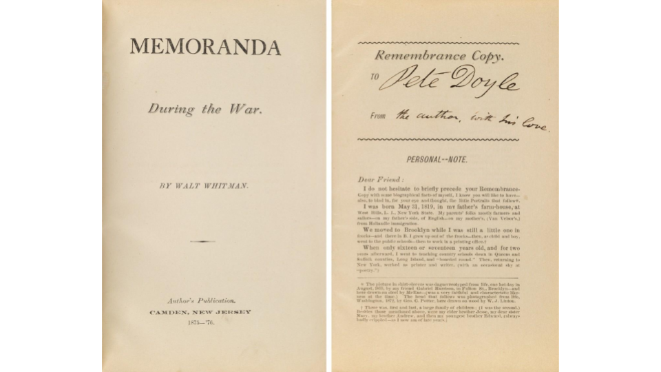 Walt Whitman, Memoranda During the War, Remembrance Copy, inscribed to Peter Doyle