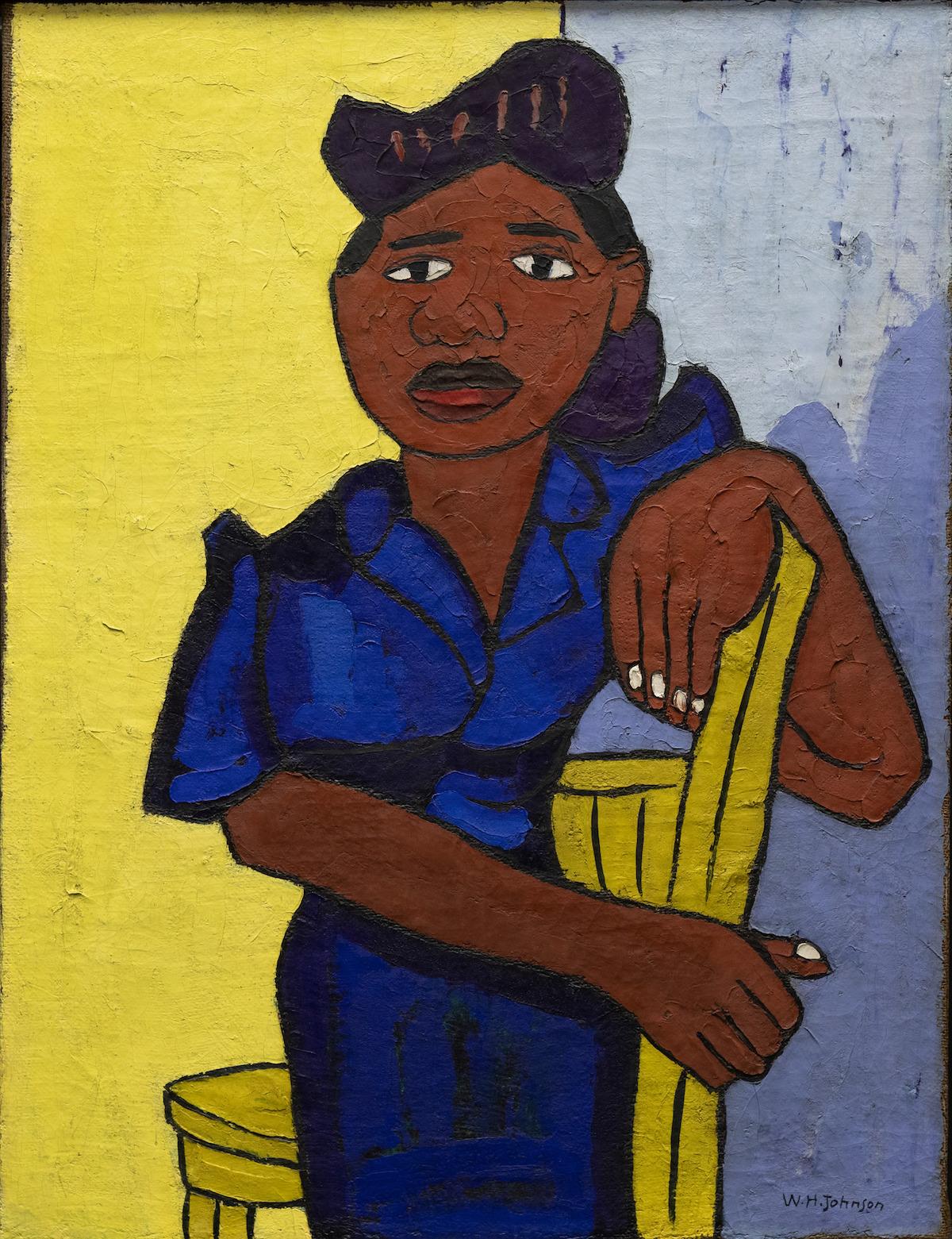 William Henry Johnson (American, 1901–1970), Woman in Blue, c. 1943. Oil on burlap Framed: 35 × 27 in. (88.9 × 68.6 cm)