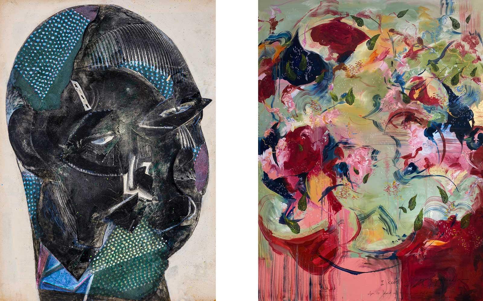 Left: Bruce Helander, Untitled Mask #1, 2020. Right: Michaela Yearwood-Dan, Paradise, 2022.
