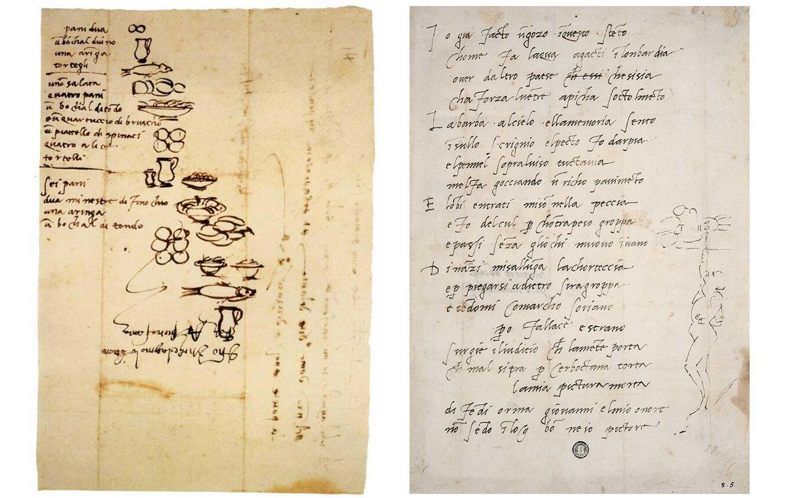 Michelangelo shopping list (left). One of Michelangelo's sonnets, this one features a caricature of the artist painting the Sistine Chapel Ceiling (right).