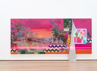 Let Us Gather in a Flourishing Way installation view. Patrick Martinez, Promised Land, 2022. Acrylic, stucco, neon, Mean Streak, ceramic, spray paint, latex house paint, banner tarp, ceramic tile, tile adhesive, and family archive photo collage on panel. 84 × 192 × 7 in. (213.4 × 487.7 × 17.8 cm). Collection Buffalo AKG Art Museum, George B. and Jenny R. Mathews Fund, 2022.