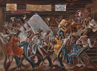 The Sugar Shack, 1976. Ernie Barnes (American: 1938-2009). Acrylic on canvas, 36 x 48 in. On loan from the Collection of William O. Perkins, III and Lara Perkins.