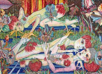 DEl Kathryn Barton [Australian b. 1972] the more than human love , 2025 Acrylic on French linen 78 3/4 x 137 3/4 inches 200 x 350 cm Framed dimensions: 79 7/8 x 139 inches 203 x 353 cm