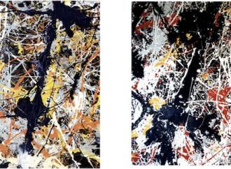 81 x 110 cm sections of the real (left) and replica (right) Jackson Pollock, Blue Poles: Number 11, 1952 (210 x 486.8 cm, National Gallery of Australia).