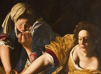 detail of two women, Judith and her maid, pin a man to a bed and are in the process of decapitating him with a sword as he struggles. 