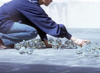 Kathleen Mulcahy installing Drops on a Landscape at Alfred University, Alfred, New York, 1973. 