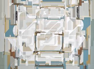 FLYBRIDGE, 2025 acrylic polymer on incised eucalyptus masonite 64h x 64w in