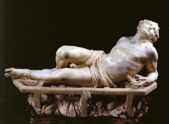Gian Lorenzo Bernini, Martyrdom of Saint Lawrence, 1617. young man looks to the sky in ecstasy, laying back sensually atop an iron grate licked by flames