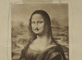 An early draft of Duchamp's mustachioed mona lisa. She is tapped on a background, etc. 
