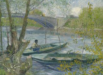 van gogh painting of two small fishing boats on a river in spring with a bridge in the background
