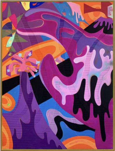 assume vivid astro focus, Lavas Vulcões Flor (Lava Volcanoes Flower), 2026 Acrylic on corrugated cardboard, 81 x 61 in, 206 x 156 cm. Courtesy Casa Triângulo, São Paulo.