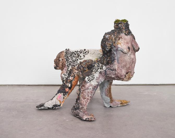 Nickola Pottinger, Hellshire beach, 2023. Paper pulp, watercolor, pigments, hair baubles, hair clips, spring leaf and moss 33 x 28 x 28 in. Courtesy Mrs., New York (Positions)