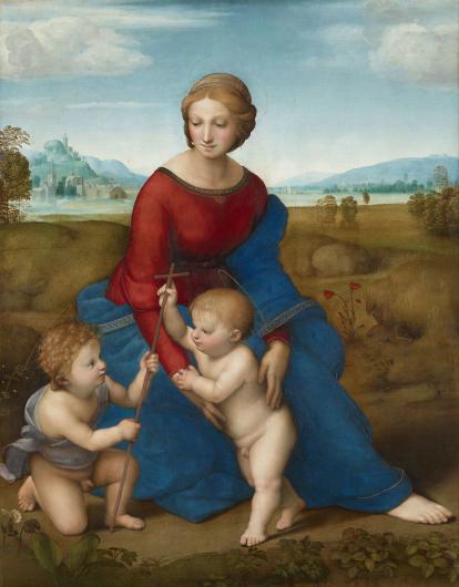 mary, jesus and john the baptist are painted in a pyramidal composition, a characteristic picked up from da Vinci's work. 