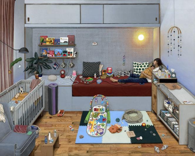 Paige Jiyoung Moon, Nap Time with Mia, 2022. Acrylic on wood panel. 16 × 20 in. (40.6 × 50.8 cm). Courtesy of the artist and Steve Turner, Los Angeles.