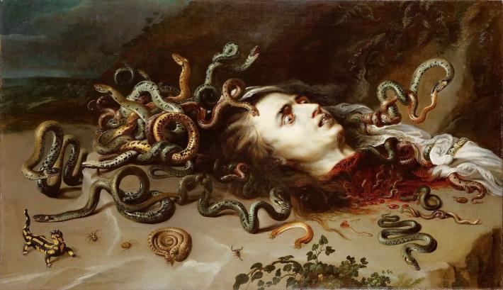 Medusa’s head lies on the ground surrounded by snakes, spiders and other vermin. Her face is pale and her neck is severed and bloody.