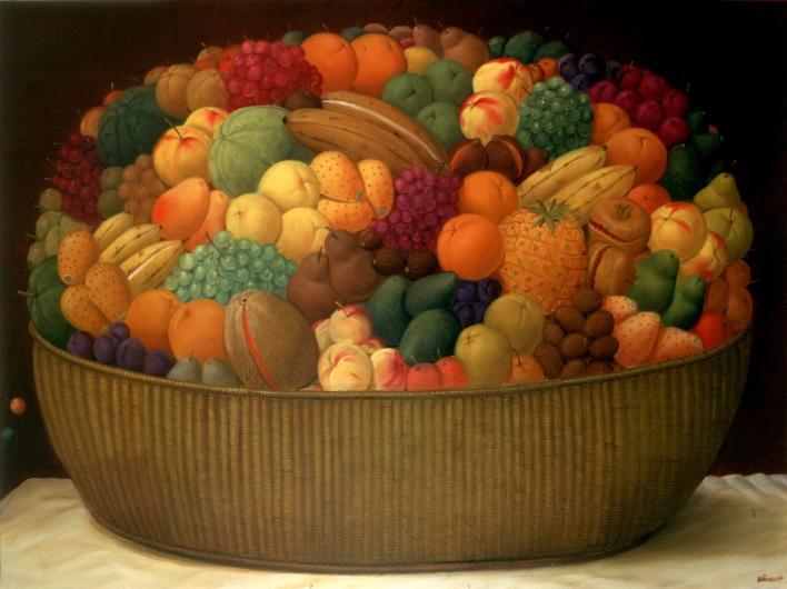 Unusual images for Botero depicts an enormous basket of fruits rendered squat and vibrant, in the style of Botero's more normal subjects--people. Canasta de frutas. Fernando Botero, 1997 Courtesy of Museo Botero. Banco de la República de Colombia