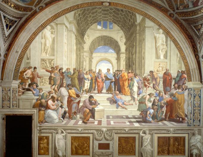 School of athens features icons from ancient rome, mostly philosophers within ancient roman architecture. It is an iconic look at a crowd of significant figures. 