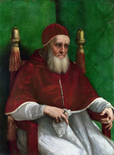 ancient looking pope julius is depicted looking lost in thought with a beard of mourning in front of a green, fabric background. 