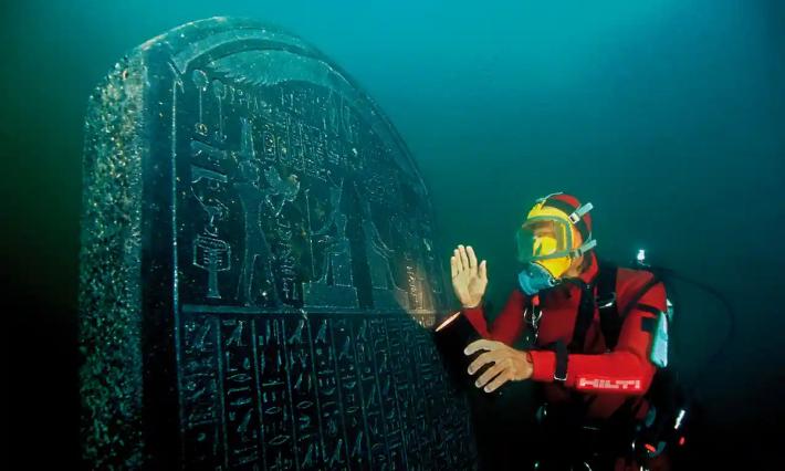 A stele at Thonis-Heracleion which confirmed the identity of the underwater city. Credit: Christoph Gerigk/Franck Goddio/Hilti Foundation