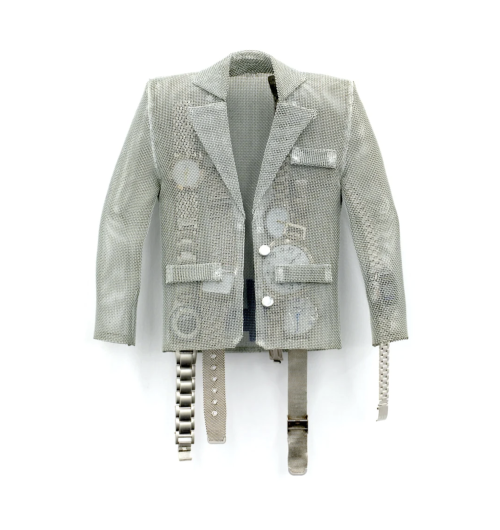 Rodrigo Red Sandoval, Shell, 2025. Metal mesh, watches, 13 3/4 x 9 7/8 x 2 3/8 in / 35 x 25 x 6 cm.