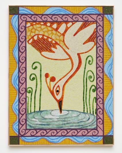 Tamara Gonzales, Limassol Mosaic No. 5, 2025. Glass mosaic tile mounted on aluminum honeycomb board with maple frame, 48 x 36 in., 121.92 x 91.44 cm, 48.75 x 36.75 in (framed) 123.83 x 93.34 cm (framed). Courtesy The Pit, Los Angeles