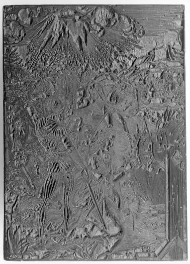 Albrecht Dürer, woodblock for The Martyrdom of Saint Catherine, c. 1498. Black ink on carved pearwood. 5 1/2 × 11 1/8 × 1 in. (39.4 × 28.3 × 2.6 cm). The Metropolitan Museum of Art, New York, NY.